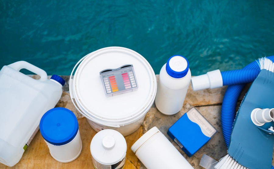 High angle view of equipment for testing the quality of pool water.