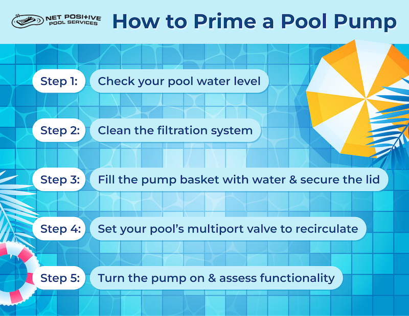 infographic about the 5 steps to priming your pool for Net Positive pools. Blue pool background