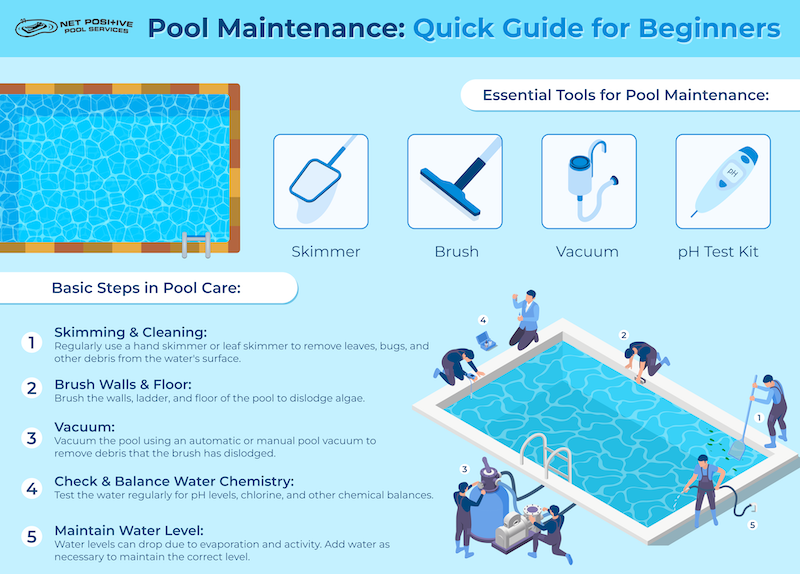 Infographic for Net Positive Pools outlining basic pool care and essential tools