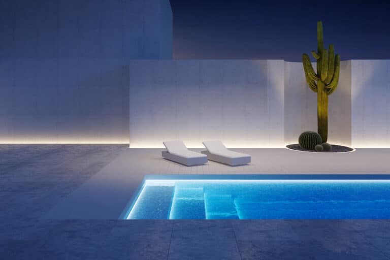 A luxury modern backyard with a swimming pool
