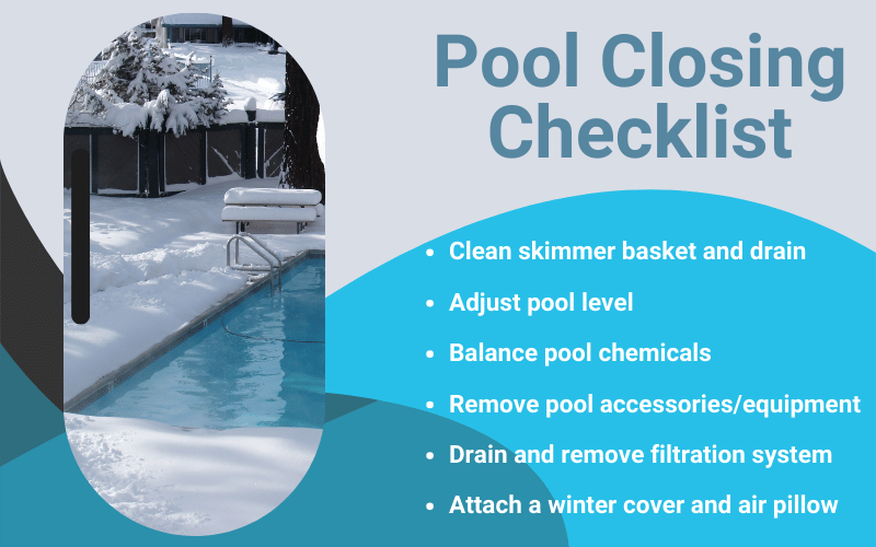 Infographic by Net Positive Pools describing a checklist for closing your pool.