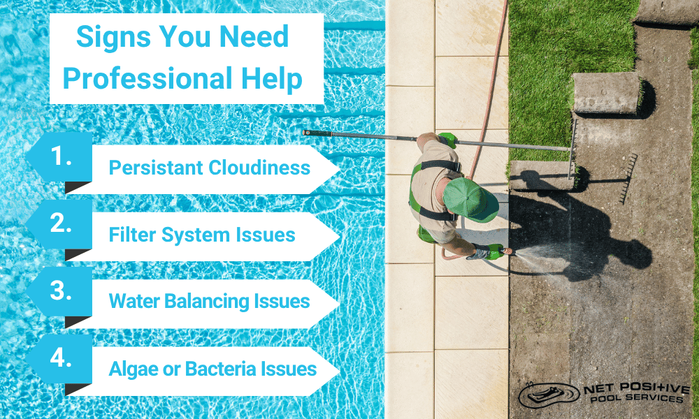 an infographic by Net Positive Pools that shows signs your pool water needs professional help