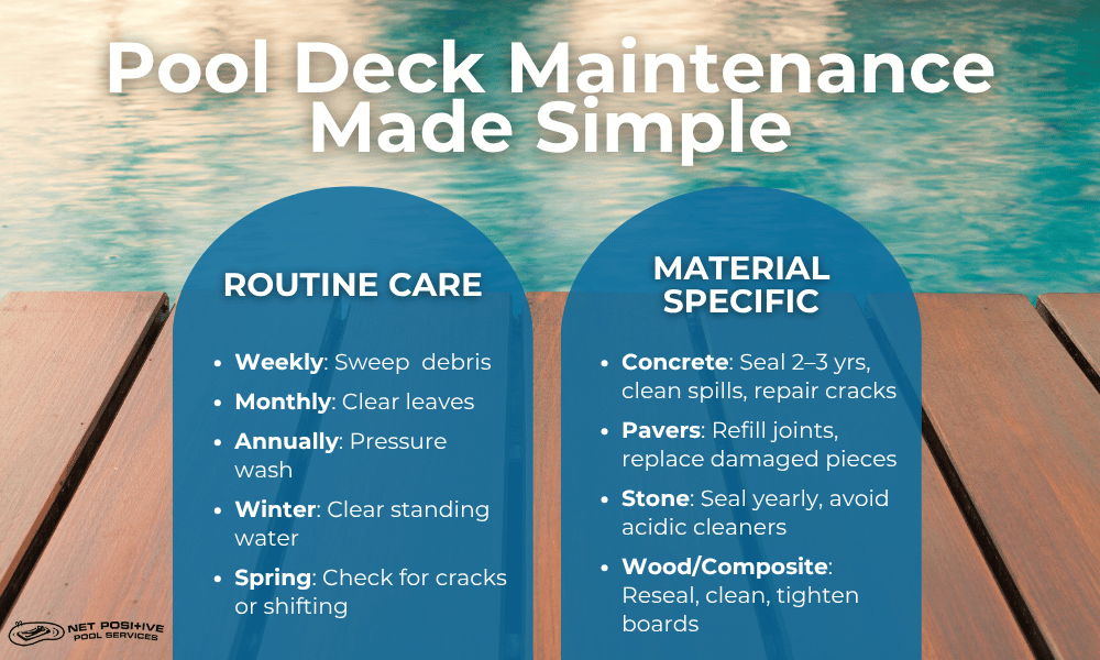 an infographic by Net Positive Pools explaining pool deck maintenance