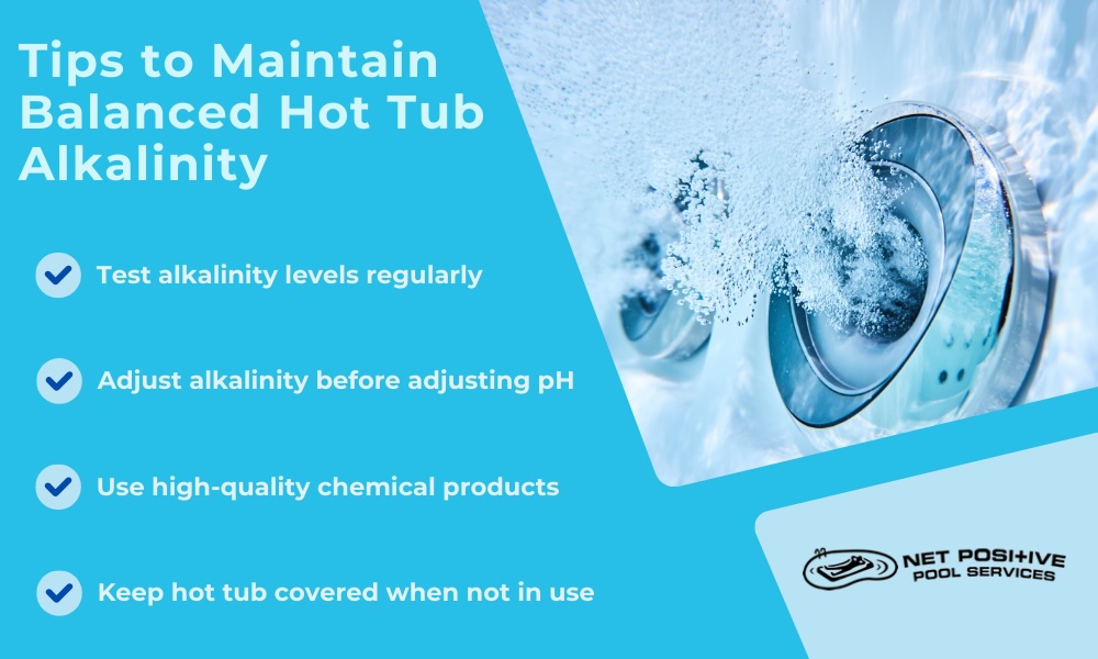 Infographic listing tips to maintain balanced hot tub alkalinity: test alkalinity levels regularly, adjust alkalinity before adjusting pH, use high-quality chemical products, keep hot tub covered when not in use.