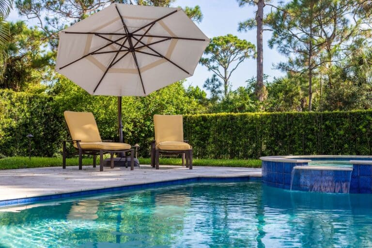 View of pool with spa, sun loungers with umbrella, privet fern, trees, short grass.